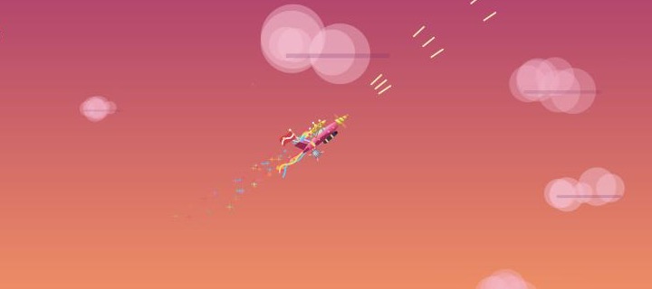 夕焼けの空を、王冠やリボンや旗で飾り立てた桃色の戦闘機が飛んでいる場面