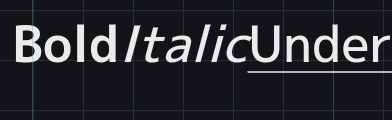K'Ad蔵人の作図画面。暗い背景に方眼が敷かれ、白い大きな文字で「Bold Italic Under」と一行に並んでいる。Bold は太字、Italic は右に傾いた斜体、Under には下に一本の線が引かれていて、同じ一行の中で三つの飾りが別々に効いている。