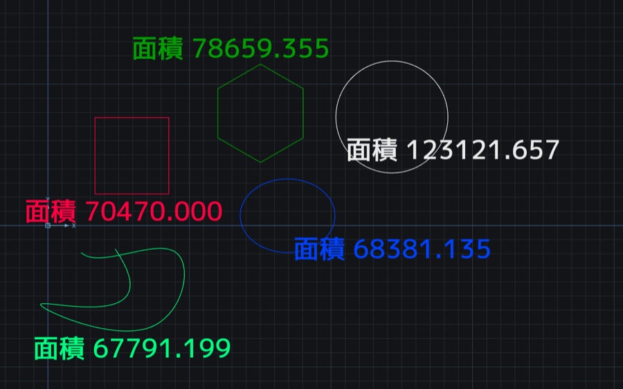 K'Ad蔵人の作図画面。暗い背景に、赤い四角・緑の六角形・白い円・青い楕円・緑の閉じた曲線が並んでいて、それぞれの脇に「面積 70470.000」「面積 78659.355」「面積 123121.657」「面積 68381.135」「面積 67791.199」という文字が、図形と同じ色で書き込まれている。