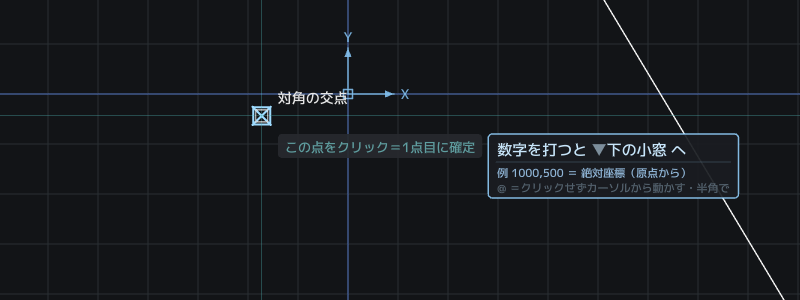 K'Adの画面。台形の中ほどに、水色の四角の中に×を描いた印が出ていて、その右上に「対角の交点」という札が出ている。