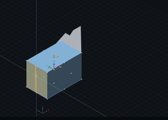 3D の画面。手前の立体だけが青くなって選ばれ、角と辺の真ん中に点が出ている。
              奥にある別の立体は灰色のままで、選ばれていない。