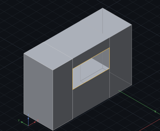 3D の画面。灰色の箱の側面に四角い穴が貫通していて、穴の縁が琥珀色の線で描かれている。穴の奥に向こう側の面が見える。