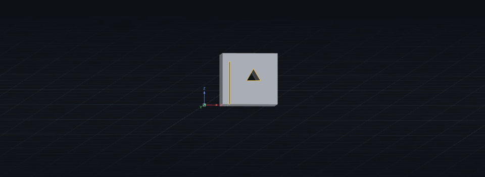 3D の画面。床の方眼が画面の左右いっぱいに広がり、遠くへ行くほど薄れて消えている。その上に、側面に三角の穴が抜けた箱が立っている。