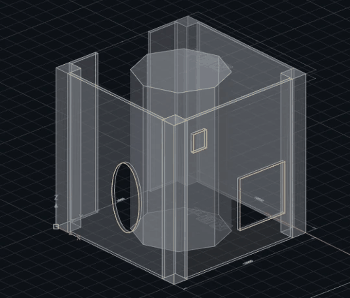 壁が透けて見える表示の 3D の部屋。平面図から起こした壁と柱と八角形の柱が立ち、南と東の壁に、立面図の窓の形（楕円・小さな四角・大きな四角）の穴が琥珀の縁で抜けている。