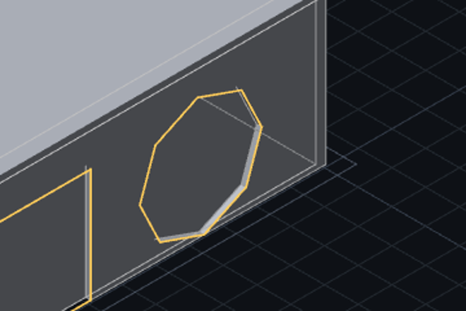 3D の壁に開いた八角形の穴。八角形のふちに、穴の内側の壁が薄い灰色の帯として見えている。