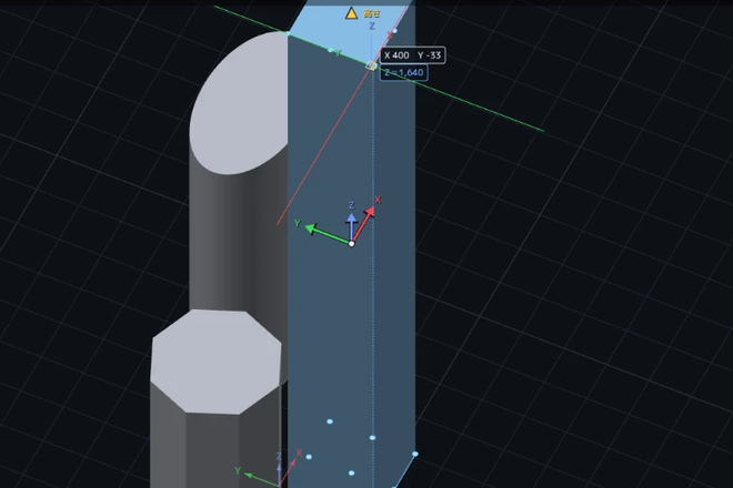 四角い柱の上の角に指を乗せた 3D の画面。「X 400　Y -33」と、その下に青い字で「Z＝1,640」という札が出ている。