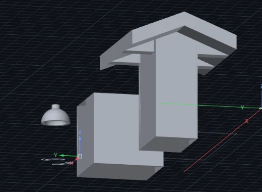 二つの箱が組み合わさった建物の上に、灰色の陰影で切妻の屋根が載っている。屋根の下に、張り出した軒が見える。