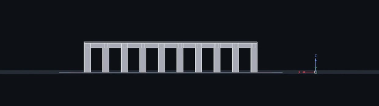 建てた骨組みを真横から見た画面。柱が等間隔に並び、その上に一枚の板が載っていて、板の下に梁が下がっている。